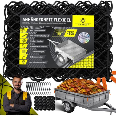 KESSER® Anhängernetz Dehnbar feinmaschig mit Haken    Hängernetz mit Spannseil & Netzkordel für Ladungssicherung    Schwarz / 200 x 300cm