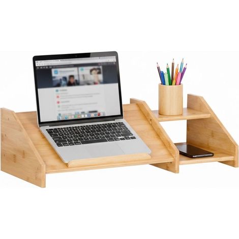 Support pour ordinateur portable en bambou avec étagères latérales pour bureau (1/5)