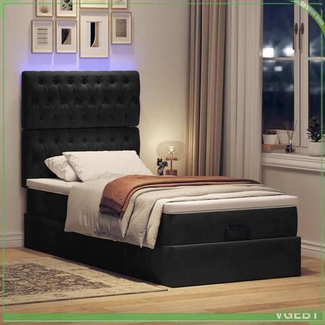 Cadre de lit ottoman avec matelas - 3314374 - Velours noir - Matelas 100x200 cm (ressorts ensachés) - Rangement hydraulique + LED (1/5)
