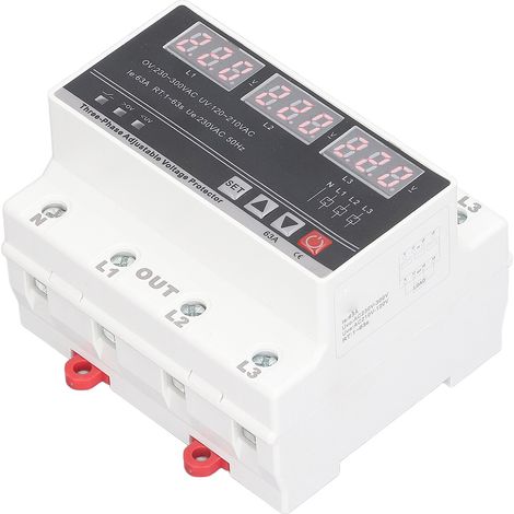 Dreiphasiger, einstellbarer Überspannungsschutz mit Unterspannungs- und Stromschutzfunktion, DIN-Schienenmontage, AC 120–300 V, 63 A (1/5)
