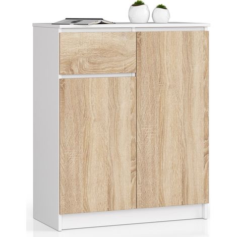 Kommode AKORD K80 Weiß 80 cm 2 Türen Schublade 4 Ebenen Front Sonoma-Eiche B80 x H99 x T40 cm (1/5)