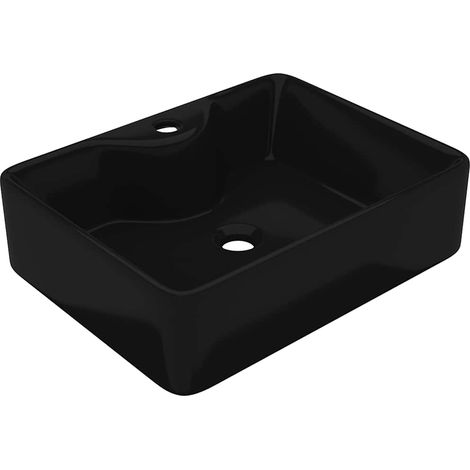 vidaXL Lavabo de cerámica cuadrado con orificio de grifo/desagüe negro (1/2)