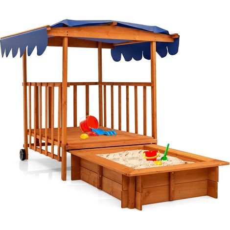COSTWAY Bac à Sable en Bois pour Enfants 95 x 71 x 20cm, avec Auvent Imperméable, Véranda de Jeu 110 x 110 x 120cm, Roues Arrière, Garde-Corps de Sécurité pour Cour, Plage (1/5)