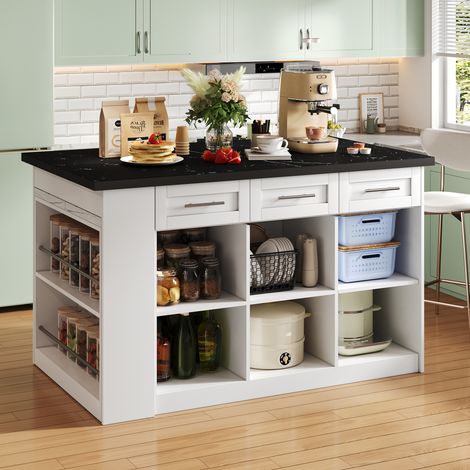 Isola cucina con tavolo allungabile 80x96x75 cm, contenitore integrato 150x90x90 cm, MDF, nero/bianco (1/5)