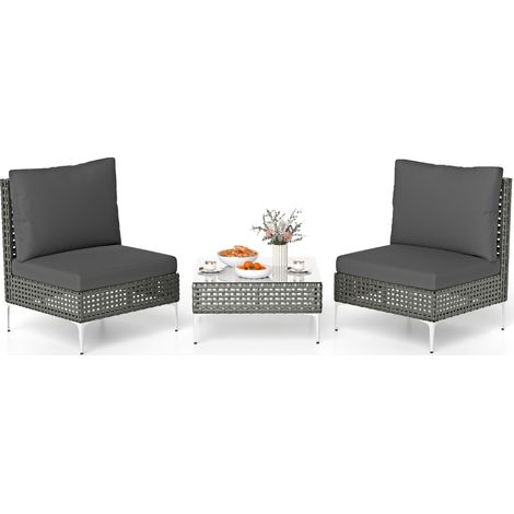 Set da conversazione in rattan con cuscini e tavolino in vetro temperato, Mobili da esterno da 3 pezzi con tavolo e sedie Grigio (1/4)