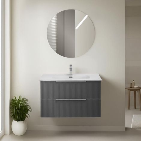 Mobile bagno sospeso 80 cm grigio cannettato con lavabo e specchio tondo Zena