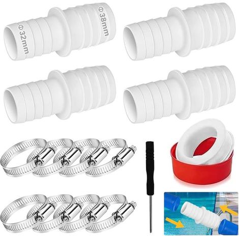4PCS Poolschlauch Adapter 32mm auf 38mm,Schlauchverbinder,Schlauchadapter mit 8 Schlauchschellen 1 Schraubendreher 1 PTFE-Band Für Ø 32 Und 38 Mm Pool-Schlauch (1/5)
