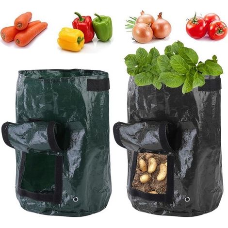 Lot de 2 sacs de plantation pour pommes de terre et légumes d'extérieur (vert et noir). Convient pour la plantation de carottes, oignons et patates douces. (1/5)