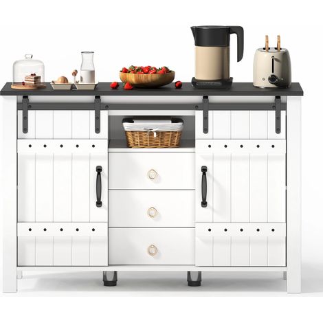 Buffetschrank mit Stauraum, 120 cm breiter Seitenschrank mit Schiebetüren und 3 Schubladen, rustikaler Holz-Kaffeebar-Buffettisch, geeignet für Küche, Esszimmer und Wohnzimmer, weiß