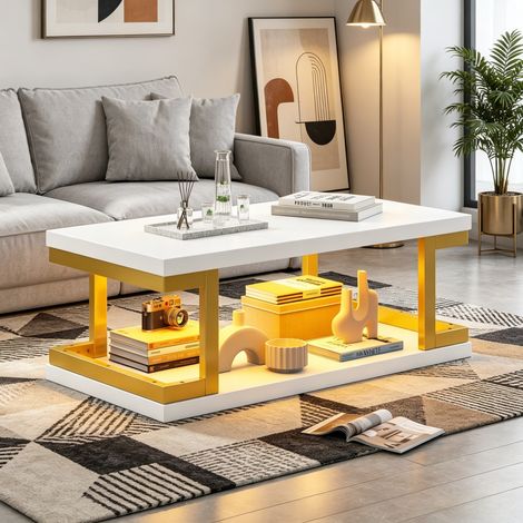 Tisch Couchtisch aus MDF und Metall, 100 x 50 x 37,5 cm, Weiss/Gold, mit LED und Ablage (1/5)