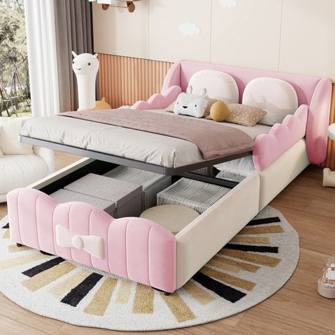 Letto per bambini 90x200 cm, design con ali, contenitore idraulico, 2 cuscini decorativi, velluto rosa (1/5)