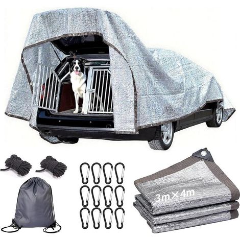 Filet d'ombrage aluminium 3x4 m pour voiture et chien – Toile réfléchissante avec œillets, bloque 80 % des UV – Pour camping et protection solaire (1/4)