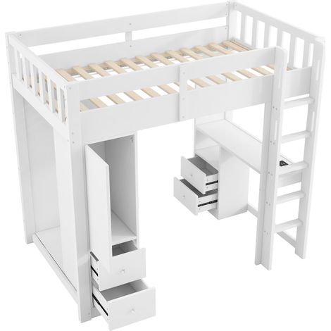 Cama alta 90x200 blanca con escritorio, 4 cajones, armario abierto, LED y USB (1/5)