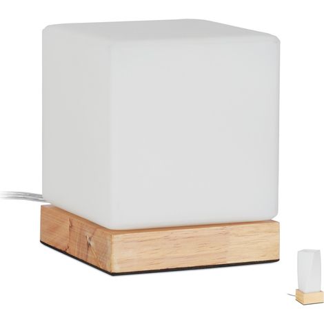 Relaxdays Lampada da tavolo cubo, soggiorno/camera, legno e vetro satinato, E14, 15 x 12 x 12 cm, bianco/naturale (1/5)