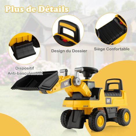 Porteur pelleteuse enfant jaune avec godet réglable et deux leviers, siège coffre et dossier, pour jardin, parc et cour (1/5)