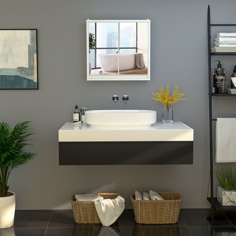 Armadietto Bagno con Specchio a 2 Ante, Specchio Bagno Contenitore con Ripiano Regolabile in Legno, 48x14.5x45cm, Bianco (1/5)