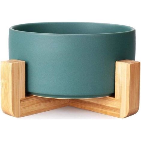 Bowl round in ceramic for dog and cat, bowl durable and non-slip in ceramic with frame in wood (green) (1/4)