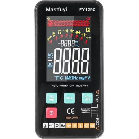 Testeur électrique intelligent compact, multimètre numérique intelligent FY129C avec support Testeur électrique intelligent compact 5999 points LCD rétroéclairé Mesure la résistance de tension AC/DC (1/5)