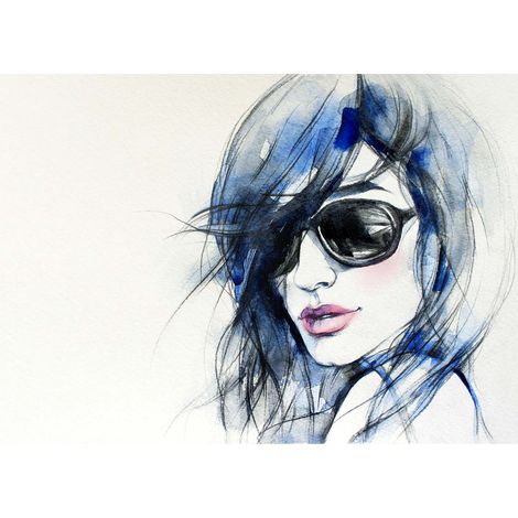 Tableau moderne chambre adulte bleu & blanc | Tableau dessin portrait femme idéal salon | Tableau sur toile pour couloir 0,7 x 0,5 m (1/2)