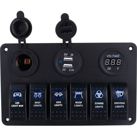 6-Wege-LED-Schalterpanel für Auto/Boot mit USB-Anschluss, Zigarettenanzünderbuchse und Voltmeter (1/5)