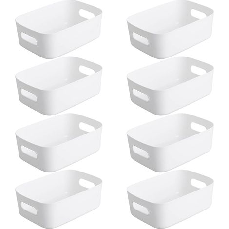 Set of 8 White Plastic Storage Basket, Plastic Storage Basket, Plastic Basket with Handle for Stackable Cupboards, Kitchen, Bedroom, Bathroom, Office, 19x13.5x7.5cm (White)