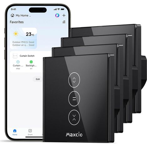 Interrupteur Connecté WiFi Volet Roulant Tactile Noir Interrupteur Intelligent Pour Rideau Compatible Google Home, Voyant LED Désactivable, Commande Vocale, Minuterie 4er (1/5)