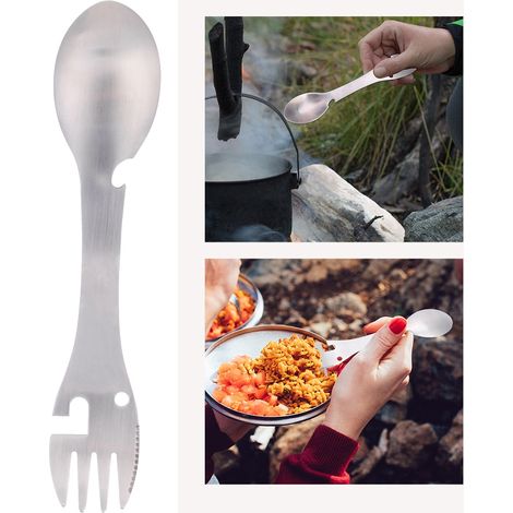 Cuillère Fourchette 5 en 1 Portable avec Ouvre-Boîte et Scie pour Camping Pique-nique (1/5)