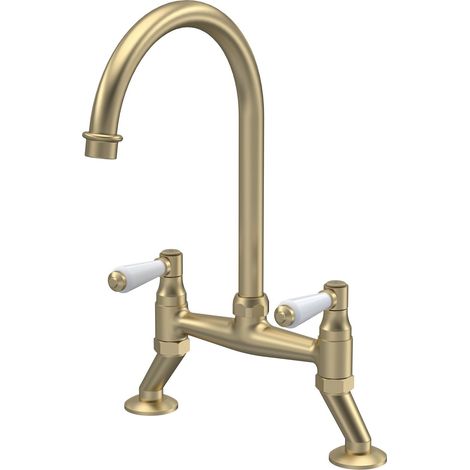 Norbury Traditional Bridge Mixer Kitchen Tap with Lever Handles - Brushed Brass (1/5)