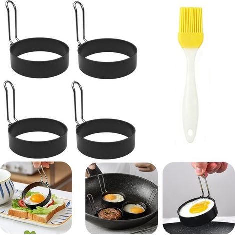 Moules de cuisson lot de 5 avec pinceau - moules antiadhésifs pour oeufs, viande et muffins, noir, 7,5 x 2 cm (1/5)