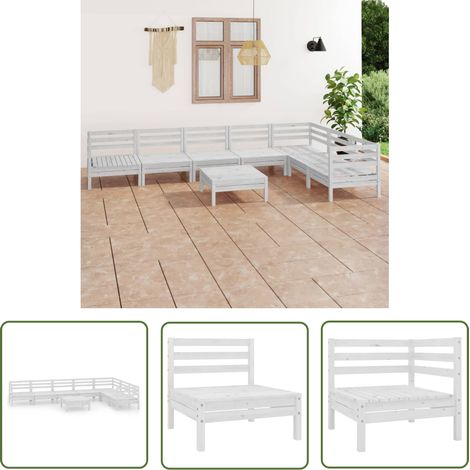 The Living Store Salon de jardin 8 pcs Bois de pin massif Blanc - Salon De Jardin - Ensemble De Salon - Fauteuil De Jardin - Table Basse - Bois De Pin (1/5)