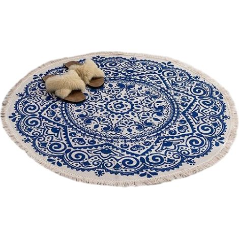 Tapis rond QttvbTna en coton et lin, bleu, diamètre 90 cm, idéal salon ou chambre, doux et naturel, 1 pièce (1/5)
