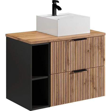Mobile per bagno sospeso scanalature nicchie e lavabo da appoggio quadrato L80cm  Naturale chiaro - MADELA