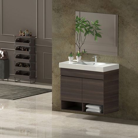 Conjunto de Baño NEBARI - 7 colores distintos 2 puertas o un cajón a elegir- incluye mueble, lavabo y espejo se envía MONTADO Fresno Tea 60x45Cm con cajón (1/4)