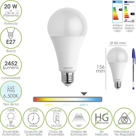 Ampoule LED Standard à vis E27. 20 Watts. Équivalent à 150 Watts. 2452 Lumens. Lumière froide (6500 K).