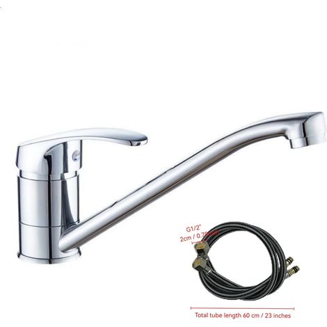 Robinet de cuisine monotrou pivotant à 360° (chromé électrolytiquement - G1/2) - Anti-éclaboussures d'eau chaude et froide, avec tuyau d'arrivée d'eau G1/2 (1/5)