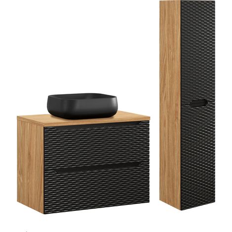 Waschtisch und Hängesäule 80cm Elora mit 2 Schubladen, Schwarz und Holzoptik (1/5)