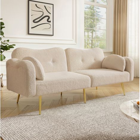 Divano letto da 2 posti con schienale regolabile a 3 posizioni e piedini in metallo dorato, beige (1/5)