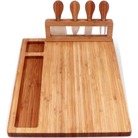 Planche À Fromage - Bois Massif - Avec 4 Couteaux En Acier Inoxydable - Pour Apéritif Et Service De Charcuterie - 1 Pièce (1/5)