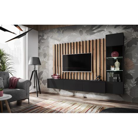 Ensemble meuble TV "Verti" - Noir/Beige - L 220 x H 148 x P 35 cm - Livraison gratuite (1/3)