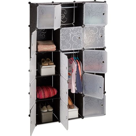 Étagère cubes rangement penderie armoire 11 casiers 2 tringles plastique modulable DIY, Plastique, Noir, 37 x 110 x 181 cm (1/5)