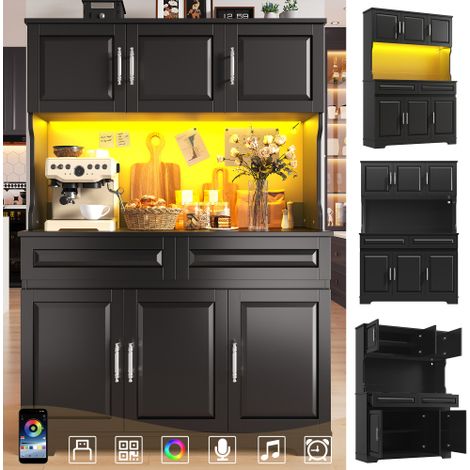 Küchenbuffet 108x40x180 cm mit APP-Steuerung, verstellbaren Einlegeböden, Arbeitsplatte und LED-Beleuchtung, Schwarz