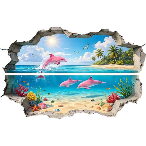 Sticker mural scène de plage - Vie marine sous-marine - pour salon et salle de bain