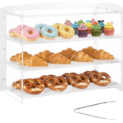 Vitrine Comptoir de Boulangerie de 48,2x23,2x38 cm à 3 Niveaux, Présentoir à Pâtisserie en Acrylique Transparent, pour Présentation Biscuits Desserts Beignets Pains, avec Porte Relevable (1/5)