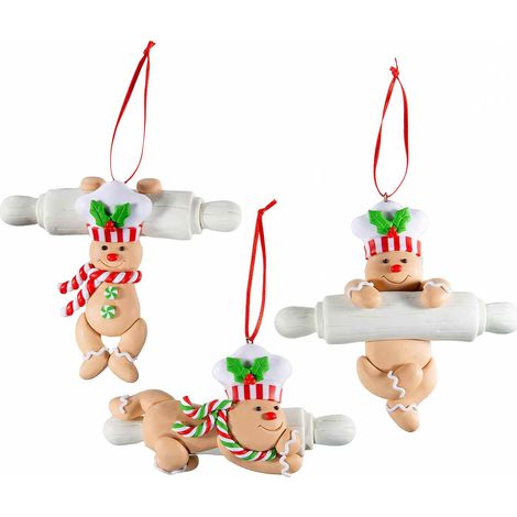 Addobbi albero di Natale omino pan zenzero su mattarello da cucina in pasta resina opaca e cordino per appendere, set da 9 pezzi, cm 12,5 x 12 H