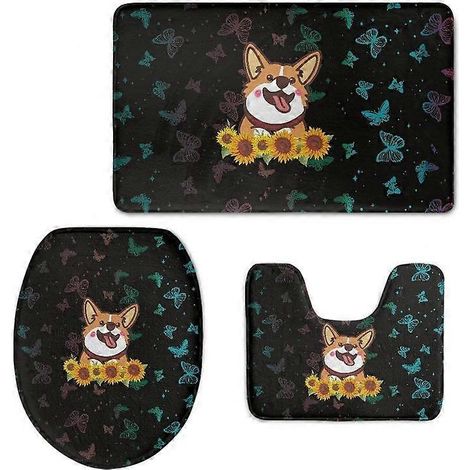 Ensemble de trois pièces de tapis de sol et housse de toilette avec imprimé de chiot mignon, tournesol et papillon, décoration de salle de bain, antidérapant. (1/2)