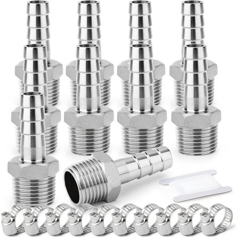 2 pièces raccords embout cannelé acier inox 304, 10 mm vers filetage mâle BSP 3/4", raccord compression eau, carburant, air - 1/4"M X 10MM(10PCS) (1/5)