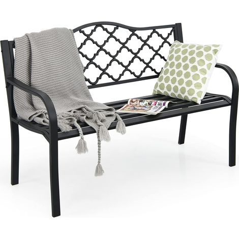 Goplus – Banc de jardin en fer antirouille pour 2-3 personnes – Accoudoirs incurvés – Charge max 227 kg – Dimensions 128x52x82,5 cm – Design élégant (1/5)