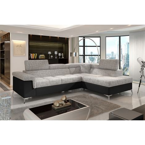 Canapé d'angle convertible - ERMAN - en tissu et simili 5 places, gris et noir, angle droit (vu de face) (1/5)