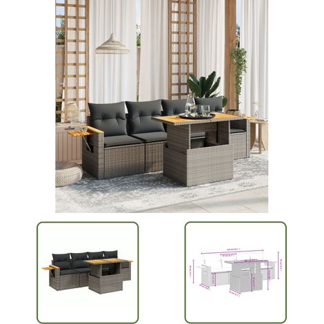 The Living Store 5-tlg. Garten-Sofagarnitur mit Kissen Grau Poly Rattan - Gartenmöbel - Outdoor Möbel - Rattan Gartenset - Lounge Set - Sofasitzgruppe