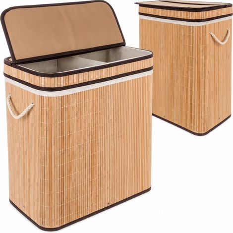 Panier à linge en bambou avec trieur, 2 compartiments, 100 L, grande capacité, durable (1/5)